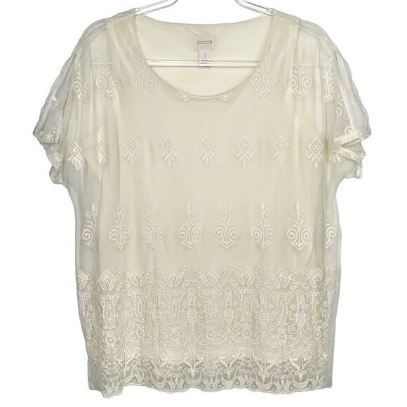 Chico’s Off White Mesh Lace Layered Short Sleeve Top Medium - Picture 1 of 6